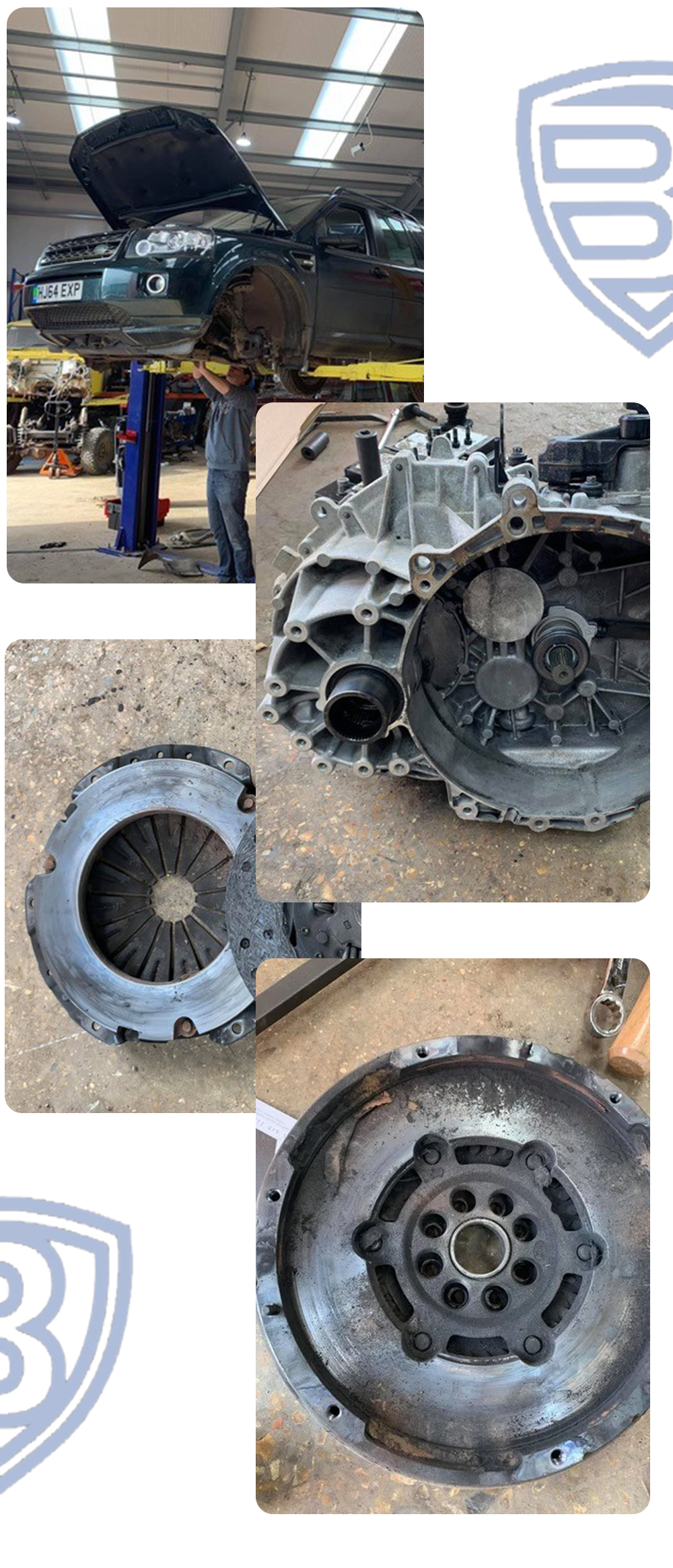 Comprehensive clutch replacement for a Land Rover Freelander at Bentley Auto Centre, including detailed views of the clutch components.