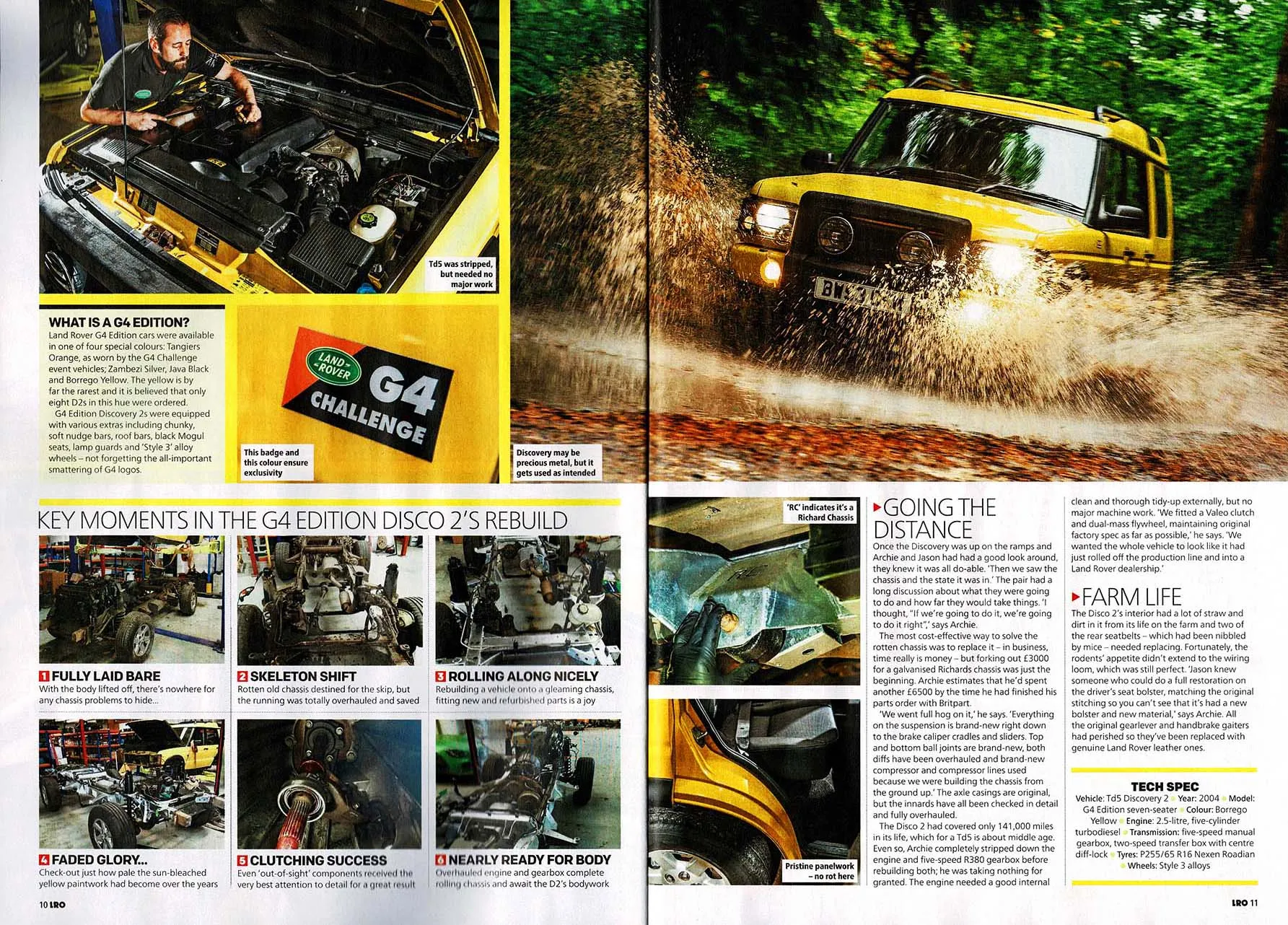 Land Rover G4 Edition Disco 2's rebuild feature in Land Rover Owner International magazine, highlighting key moments and expert tips